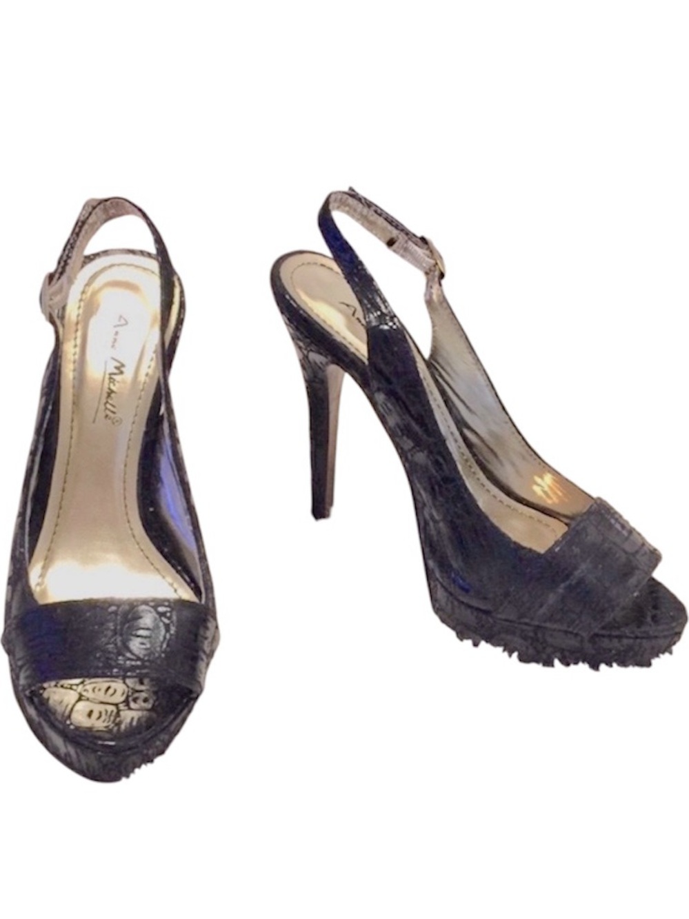 Anne Michelle Woman’s Black Peep Toe Sling Back Platform Stiletto Heels Sz 6